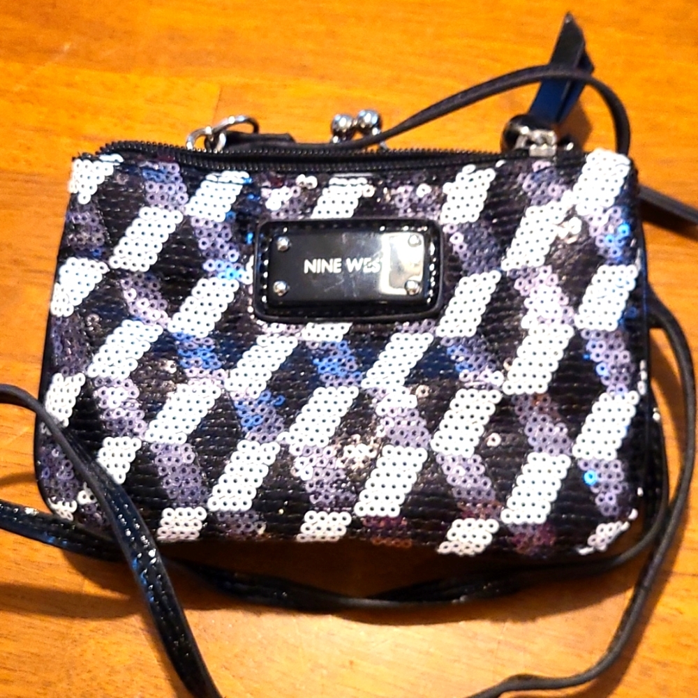 Black and white mini nine west bag with thin shoulder strap